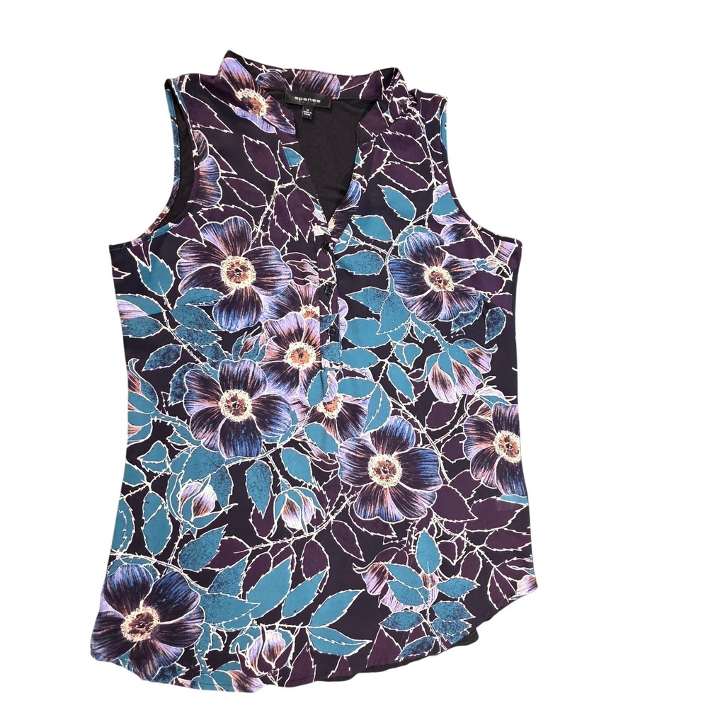 Spense Womens Purple Teal Floral Mixed Media Sleeveless Blouse Top Size M